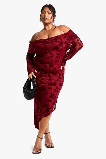 Burgundy Red Plus Devore Ruched Bardot Flare Hem Midaxi Dress