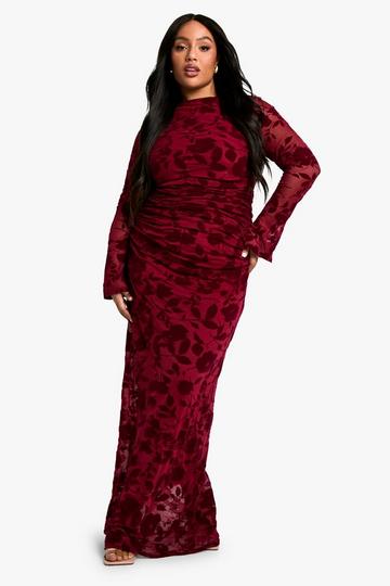 Burgundy Red Plus Devore Ruched Midaxi Dress