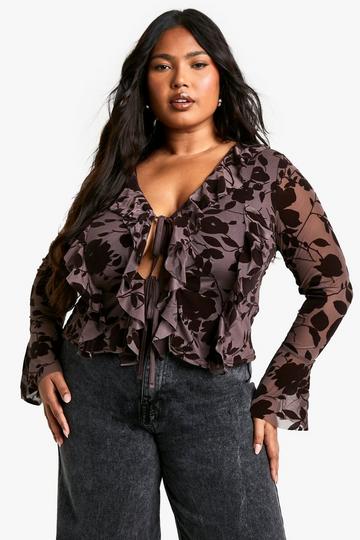 Plus Devore Tie Front Blouse chocolate