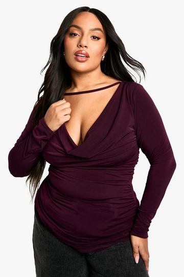 Plus Cowl Neck Detail Ruched Top plum