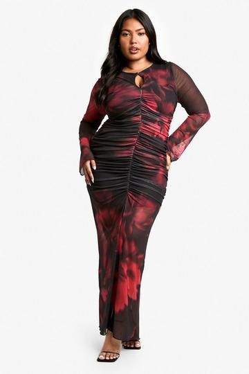 Red Plus Floral Mesh Keyhole Midaxi Dress