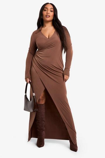 Plus Collared Wrap Ruched Waist Midaxi Dress mocha