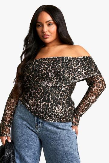 Multi Plus Leopard Printed Lace Bardot Top