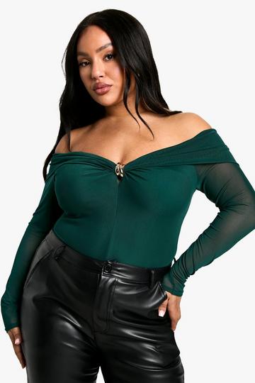 Plus Trim Detail Bardot Stretch Bodysuit green