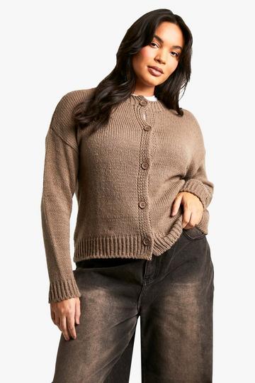 Plus Crew Neck Button Front Cardigan taupe