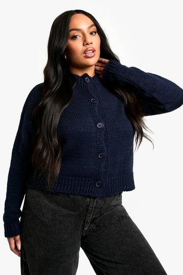 Plus Crew Neck Button Front Cardigan navy