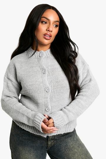 Plus Crew Neck Button Front Cardigan grey