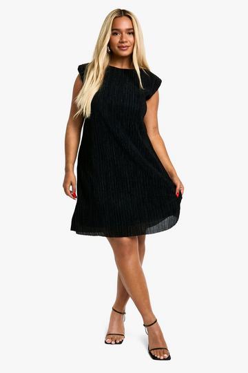 Plus Pleated Metallic Shoulder Pad Shift Dress black