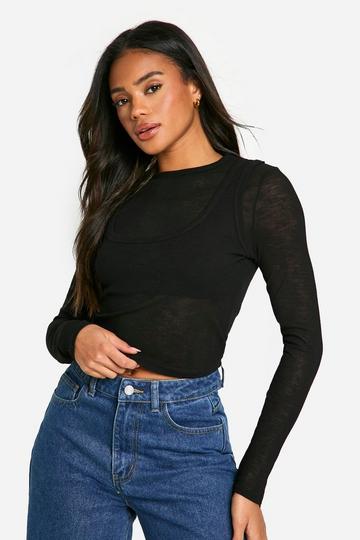 Textured Mesh 2 Layer Long Sleeve Top black