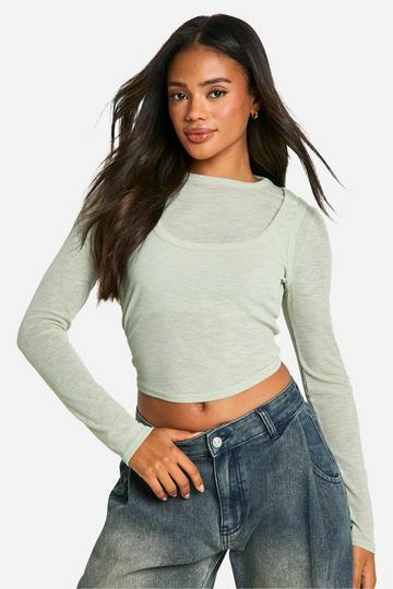 Mesh Top Met Textuur, 2 Lagen En Lange Mouwen sage