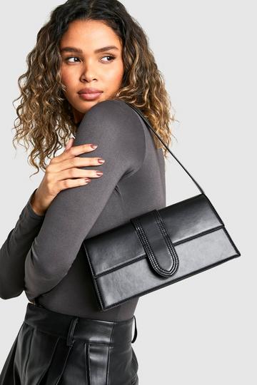 Black Leather Look Fold Over Baguette Shoulder Bag