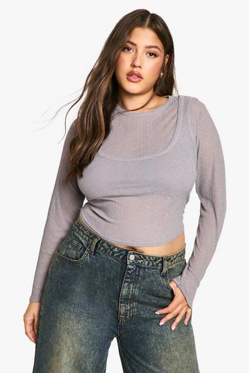 Plus Textured Mesh 2 Layer Long Sleeve Top charcoal