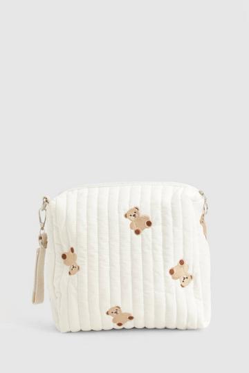 Quilted Embroidered Bear Makeup Bag white