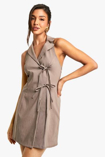 Bengaline Halter Neck Bow Detail Shift Dress mocha