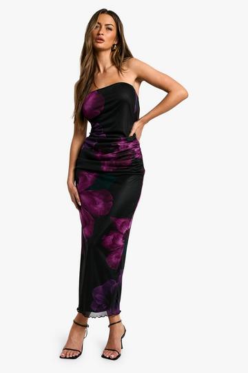 Mesh Bloemen Strapless Maxi Jurk black