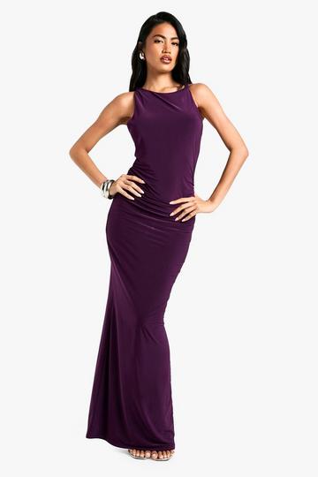 Plum Purple Twist Detail Ruched Slinky Maxi Dress