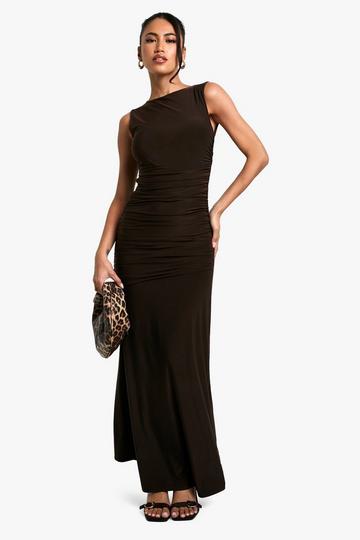 Ruched Slinky Maxi Dress chocolate