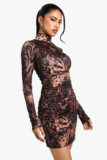 Ruched Slinky High Neck Leopard Mini Dress leopard