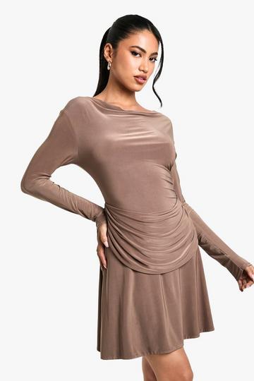 Ruched Slinky Drape Front Mini Dress mocha