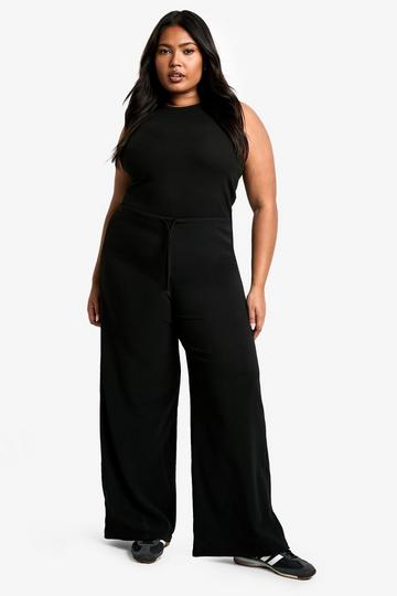 Boohoo Basics Plus Rib Drawstring Waist Wide Leg Trouser black