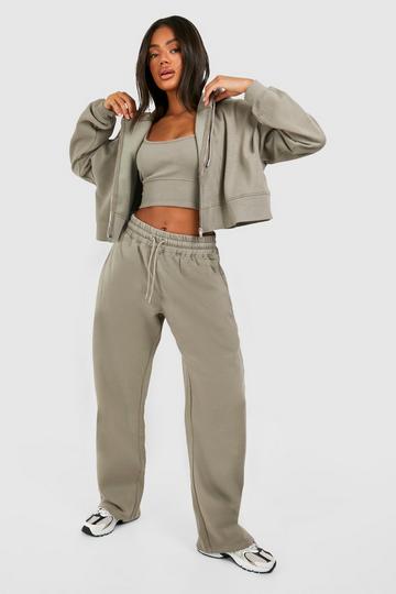 Deep Hem Crop Top 3 Piece Hooded Tracksuit washed khaki