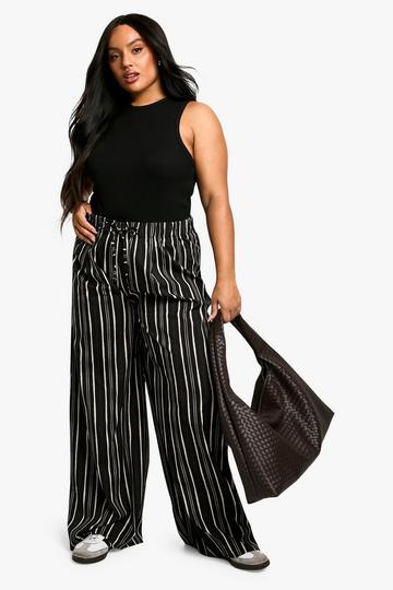 Plus stripe woven drawstring wide leg trouser black