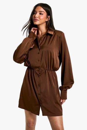 Satin Shoulder Pad Shirt Dress chocolate