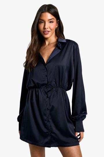 Satin Shoulder Pad Shirt Dress navy