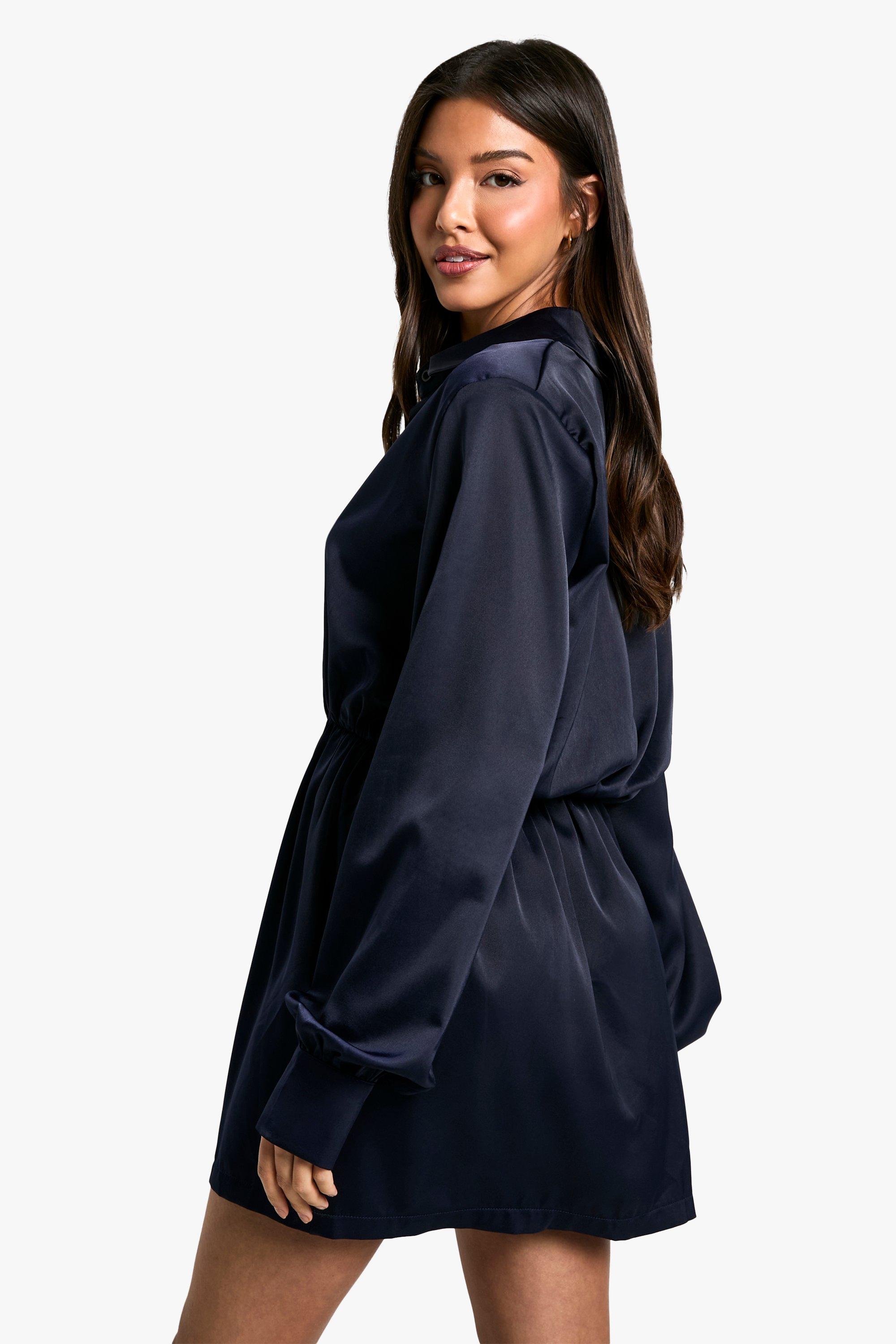 Navy satin shirt dress online