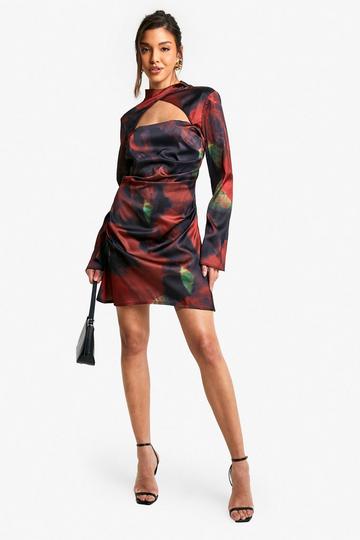 Satin Floral Print Ruched Mini Dress black