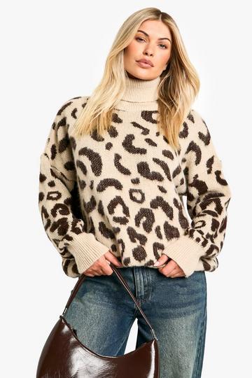 Roll Neck Leopard Print Soft Knit Jumper leopard