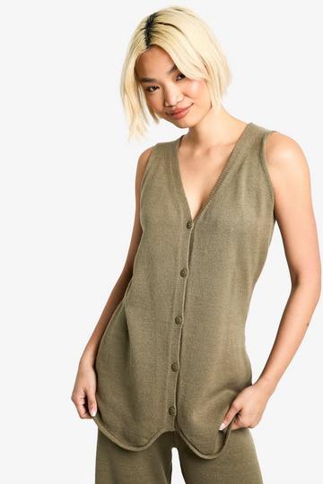 Gebreide Long Line Gilet Met Metalen Knopen olive