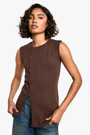 Tall Asymmetric Button Longline Knitted Waistcoat chocolate