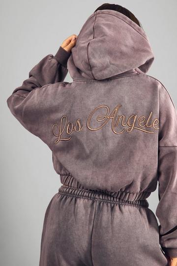 Petite Washed Los Angeles Embroidered Zip Through Hoodie charcoal