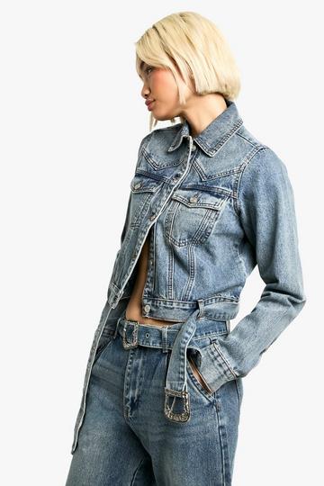 Western Buckle Detail Denim Jacket mid blue