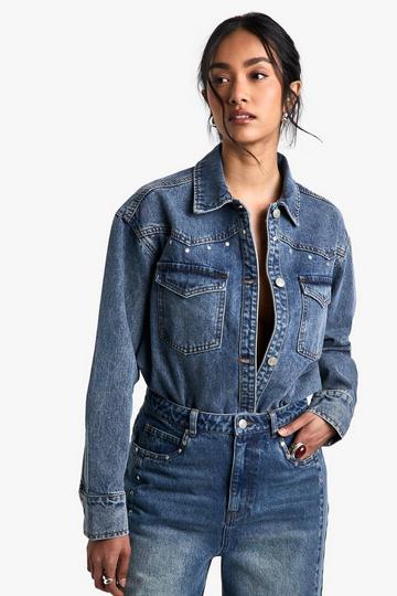 Studded Western Denim Shirt mid blue