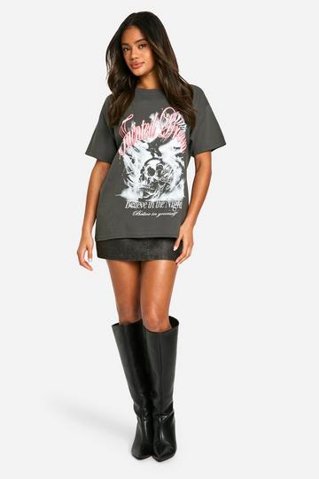 Halloween Tainted Dream Skull Print Oversized T-shirt charcoal