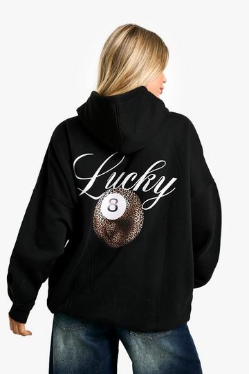 Black LEOPARD LUCKY 8 PRINTED OVERSIZED HOODIE