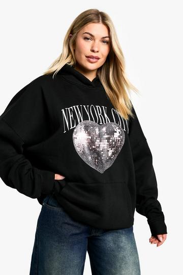 Black NEW YORK CITY DISCO HEART PRINTED OVERSIZED HOODIE