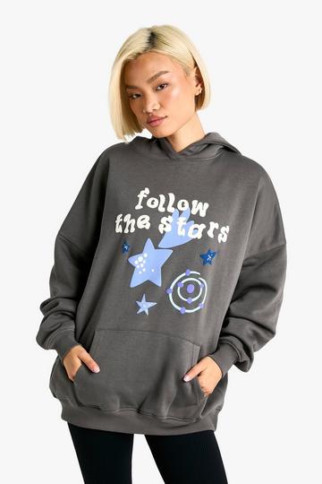 Charcoal Grey FOLLOW THE STARS PRINTED OVERSIZED HOODIE