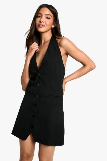 Geweven Mini Jurk Met Halter Neck En Knopen black