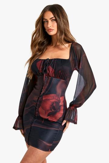 Floral Bengaline and Mesh Mix Mini Dress black