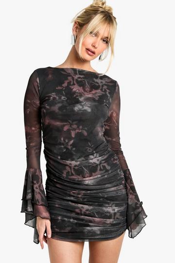 Dark Floral Ruched Mesh Mini Dress black