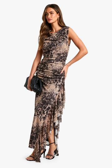 Printed Mesh Ruffle Maxi Dress black