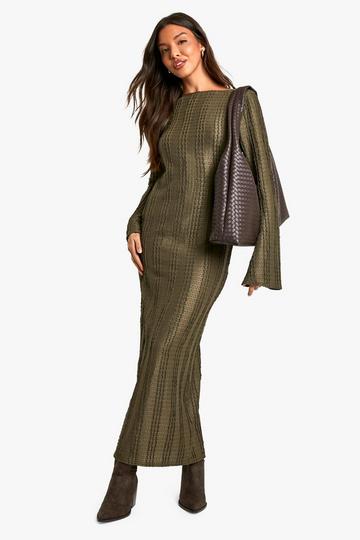 Textured Long Sleeve Column Maxi Dress khaki