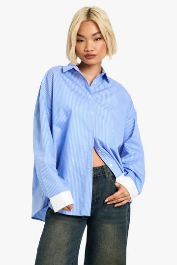 Oversized Stripe Contrast Wide Cuff Shirt blue