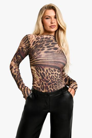 Leopard Print Textured Mesh Exposed Seam Bodysuit brown