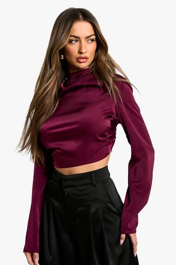 Satin Cowl High Neck Long Sleeve Blouse merlot