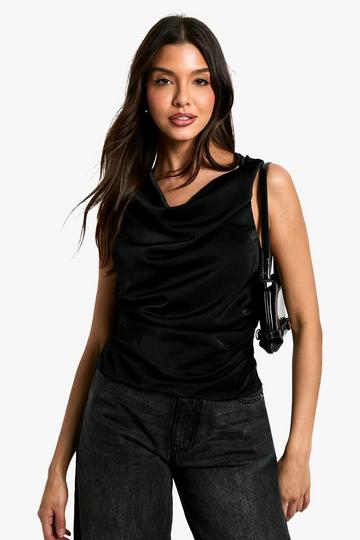 Satin Cowl Ruched Sleeveless Blouse black