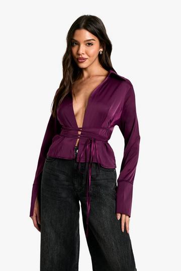 Collared Deep Cuff Tie Shirt plum